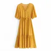 Casual Woman Yellow Loose Ruffles Sashes Dot Long Dress Spring Fashion Ladies Soft V Neck es Female Sweet 210515