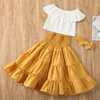 Summer Baby Enfants Girl Top Qualité Tenues Off Épaule Solide Couleur Volants Débardeur Longue Robe Flare 3pcs Ensemble Mode Nouveaux Vêtements 1521 Y2