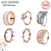 Fit Original Real 925 Sterling Silver Pan Ring Ring Glittering Feather Crystal Rose Gold Dla Kobiet DIY Moda Biżuteria 211217