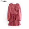 Cascading Ruffle Women Solid Puff Sleeve Mini Dress Sweet Pink Ladies V Neck Pleated Fashion Brodery Wrap Short Es 210515