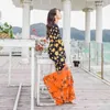 Bohemian Flower Print Spring Vestidos Women Sleeve V-Neck Cross Ruffles Fishtail Long Boho Maxi Dress 210416