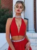 Party Dresses Red Long Evening With Beading Crystal A Line Halter V Neck Tulle Sexy Slit Two Piece Prom Dress Vestidos De Fiesta