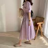 Coreano chic vestido de verano mujeres plisado puff manga corta elegante fiesta cintura elástica vestidos largos 13955 210512