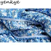 Blue Floral Print Holiday Beach Jumpsuit Mulheres Ruffle Sexy profundo V Neck Sem Mangas Sashes Verão Jumpsuits Curto Romper 210430