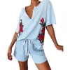 Women V Neck T-shirt Dstring Shorts Floral Print Ribbed Sleepwear Pajamas Set X0526