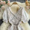 Women Summer Fashion V-neck Diamond Slim Short Sleeve Lace A-line Dress Elegant Party Clothes Vestido De Mujer S826 210527