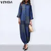 Women Office Overalls Casual Long Sleeve Turn Down Collar Patchwork Rompers Loose Cotton Jumpsuits VONDA Pantalones Women's &