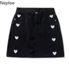 Neploe High Waist Pencil Denim Skirts Women Summer Fashion Mini Skirt Pockets Heart Embroidery Button Jeans Faldas Mujer 210422