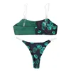 Dames badmode sexy vrouwen bikini set blad afdrukken groene stiksels asymmetrische transparante riem badpak twee stuk 2021