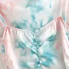 Été Femmes Tie Dye Impression Cordon Plissée Bretelle Mini Robe Femme Vêtements Casual Lady Lâche Robe D7751 210430