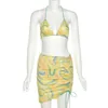 Tyjtjy BeachwearプリントDSTRING BASSAGEツーピースセットホリデークラブウェアクロップトップとスカートマッチングセット女性RUCHED衣装X0709