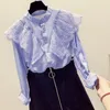 Fashion Womens and Chiffon Women Lace Ruffles Patchwork Blouses Long Sleeve White Blue Shirts Ladies Tops 210416
