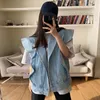Korejpaa Kvinnor Tankar Sommar Koreanska Chic Retro Lapel Ruffled Loose Mångsidig Tvättad Blå Denim Waistcoat Cardigan Jackor 210526