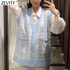 Women Vintage V Neck Plaid Pattern Pockets Patch Casual Knitting Sweater Lady Chic Sleeveless Cardigan Vest Tops S649 210416