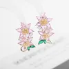 Frauen Luxus Zirkon Baumeln Ohrringe für Hochzeit Party Kleid Charme Schmuck Koreanische Süße Rosa Grün Kristall Blume Drop Ohrring