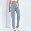 Łańcuch dżinsy dla kobiet Wysoka talia Hollow Out Straight Vintage Casual Blue Denim Spodnie Kobieta Moda Odzież 210521