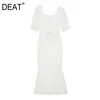 Women White Patchwork Lace Ruffles Empire Dress Square Neck Short Puff Sleeve Slim Fit Fashion Tide Summer 7E0813 210421