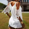 Damskie Bluzki Koszule Sexy Off Ramię Koronki Patchwork Koszula Bluzka Kobieta Summer Casual Half Sleeve V-Neck Pure Color White Spaghetti Top