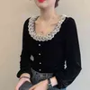 Zarif Velor Kadın Bluzlar Siyah Dantel Patchwork Sonbahar Blusas Mujer Gömlek Tops Moda Retro 18303 210415