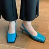 2022 Primavera Nova Marca Quadrado Toe Mulheres Sandália Fina Medinho Raso Raso Deslizamento Azul Nas Ladies Mules Sapatos Elegante Slingback Sapatos Y220225