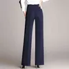 Arrivel Women High Waist Long Trousers Vintage Wide Leg Pants Elegant Office Lady Straight Black Navy Suit 211124
