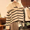 Jesień Zima Kobiety Sweter Koreański Hit Color Striped Causal Dzianiny Cardigan Z Długim Rękawem Odwróć Kołnierz Knitwear Outerwear 210514