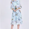 Floral Women Midi Three Quarter Sleeve Dress Bohemian A-Line Bowknot Collar Dresses Female Flower Print Blue Dresses 210514