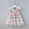 도매 여름 소녀 드레스 요금 슬리브 격자 무늬 면화 정지 버튼 캐주얼 어린이 의류 2-6Y LT003 210610