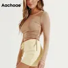 Solid Color Casual Cropped T Women Chic Bow Tie Drawstring Tee Koszula Moda O Neck Długi Rękaw Bodycon Topy 210413