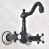 Kitchen Faucets Black Oil Rubbed Bronze Brass Two Cross Handles Wall Mount Swivel Spout & Bathroom Basin Sink Faucet Mixer Tap Anf473