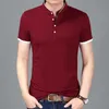 Летняя мода бренд одежда футболка мужская сплошной цвет тонкий подходит с коротким рукавом футболка мандарин воротник повседневная футболки 210721