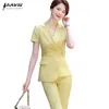 Costume jaune d'été à manches courtes haut de gamme mode affaires formelle slim blazer et pantalon bureau dames vêtements de travail 210604