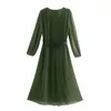 ZA Stampa con cintura Midi Abito verde Donna Vintage manica lunga a sbuffo Pieghettato Office Lady Abiti Donna Chic Elegante lungo Vestido 210602