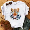 Maycaur Nowe Lato Kobiety Topy Cartoon Tiger Graphic Printed T Shirt Moda Okrągły Neck Kobieta Odzież Z Krótkim Rękawem TSHIRTS Tees X0527