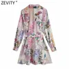 Zevity Femmes Stand Col Boutonné Bow Sashes Shirtdress Femme Patchwork Floral Print Robes Chic A Line Mini Robes DS8255 210623
