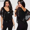 Summer Sequin Blouse kvinnor Casaul V Neck Off Shoulder Shawl Ruffles Sparkle Glitter Ladies Toppar Skjorta Camisetas Ropa Mujer 210721