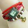 Mode Klok Whirligig Tag Square Quartz Horloge Vintage Lederen Staal Horse Horloges Charm Cockhorse Pendant Weave Touw Strap Dames Timer