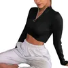 Kvinnor T-shirt Fram dragkedja Fullständig längd Vanlig ärm Turtleneck Solid färg Exposed Navel Slim Fitting Crop Top 210522