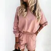 Sommer 2 Stück Set Freizeit frauen Shorts Anzug Solide Lose Langarm Sweatshirt Weibliche Sets Casual Haus Tragen Damen anzüge X0428