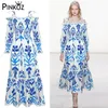 Designer Zomer Losse Slash Neck Maxi Jurk Patchwork Kant Ruched Long Puff Sleeve Blue Printed Robe de Mujer Vestidos ZA 210421