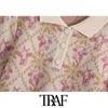 Mulheres moda animal jacquard malha suéter vintage lapela colar de manga curta fêmea fêmea chique tops 210507