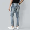Europese vintage mode mannen jeans hoge kwaliteit redline ontwerper slim fit gescheurde retro lichtblauwe casual denim broek
