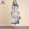 Sommer Mode Designer Elegante Party Frauen Turn-down-Kragen Hohe Taille Blumendruck Vintage Weibliche Midi Kleid 210522