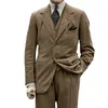Grey Men's Winter Retro Groom Wear Wedding Suit Business Suit Party Suit Herringbone Pattern Tweed 3Pieces HCGHF