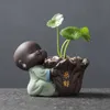 Ceramic Tea Pet Ornaments Small Buddha Statue Monk Figurine Desktop Flower Pot Hydroponic Plant Decoration Accessories 210827