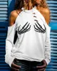 Frauen Mode Langarm Casual Tops Weibliche Herbst Halloween Kalte Schulter Skeleton Print Ausschnitt Top 210805