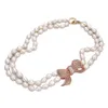 Guaiguai Jewelry 2 Strands White Rice Pearl CZ Wisiant Naszyjnik ręcznie dla kobiet prawdziwy klejnot Kamienna dama Jewellery7817747