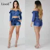 Liooil Casual Blue Denim High Cintura Shorts Mulheres Roupas Streetwear Algodão Lace-up Sexy Slim Rave Jean Com Bolsos 210714