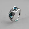 Retro Blue Eye Owl Adjustable Silver Rings With Side Stones Cute Men and Women Simple Design Animal Ring jewelry wholesale