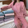 Vinter Varma Kvinnor Pyjamas Set Flannel Homewear Sweatshirt Hoodies Tjock Kvinna Sleepwear Plush Pyjamas Suit Solid Color 211215